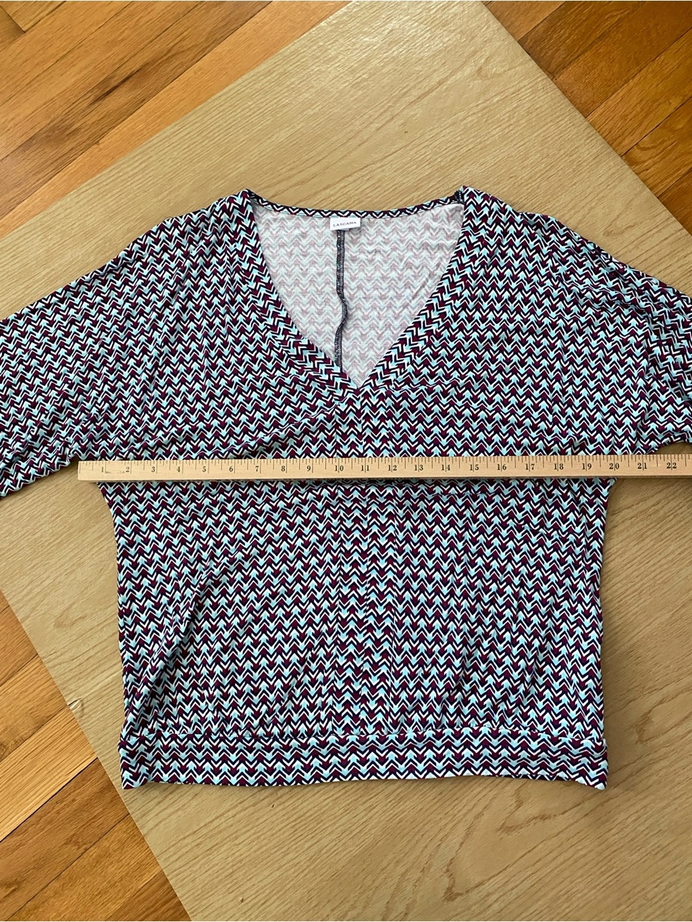 LASCANA V-Neck Chevron Print Bell Sleeve Top - Turquoise /Black - Picture 3 of 13
